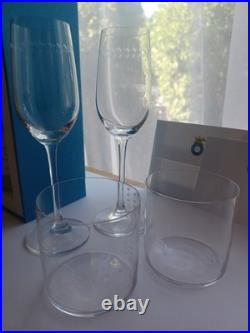 Hand Etched Crystal Glassware Set And 2 Empty Casa Dragones Tequila Bottles