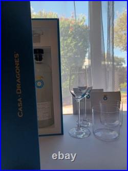 Hand Etched Crystal Glassware Set And 2 Empty Casa Dragones Tequila Bottles