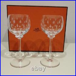 Hermes Paris Fanfare Crystal Wine Pair Glass Set Clear Glassware Drinkware WithBox