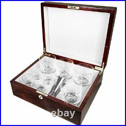 Hillwood Crystal Whisky Tumbler and Shot Glass Set in a Luxury English Burl Box
