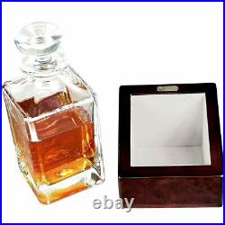 Hillwood Square Crystal Whisky Decanter Set and Luxury English Burl Walnut Stand