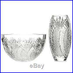 House of Waterford Seahorse 2-Pc Crystal Wedge / Diamond Cut Bowl & Vase Set NEW