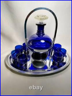Imperial Ritz Blue Shaeffer Decanter set on Gimbaled service tray & Rose bowl
