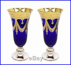 Interglass Italy Set of 2 Crystal Blue Champagne Glasses, 24K Gold-Plated Flutes