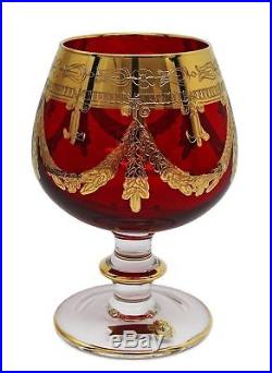 Interglass Italy Set of 2 Crystal Red Cognac Snifters DOF glasses, 24K Gold