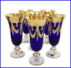 Interglass Italy Set of 6 Glasses Royal Blue Crystal Champagne Flutes, 24K Gold