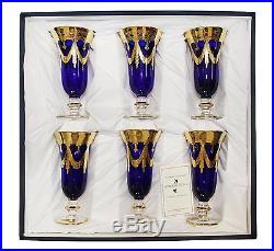 Interglass Italy Set of 6 Glasses Royal Blue Crystal Champagne Flutes, 24K Gold