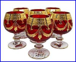 Interglass Italy Set of 6 Glasses Royal Red Crystal Cognac Snifters, 24K Gold