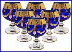 Italian Crystal SET OF 6 Navy Blue Cognac Snifters Goblets 24K Gold, Interglass