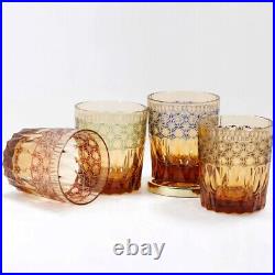 J46 Edo Kiriko Engraving Drinking Glass 9oz Amber Crystal Whisky Glass Set of 4