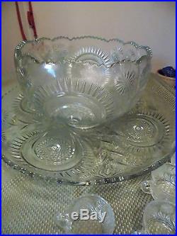 L E Smith Crystal Slewed Horseshoe 15Pc Punch Bowl Set with Under Plate Cups Ladle