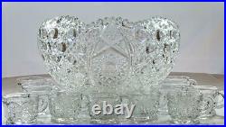 L. E. Smith Daisy and Button Hobstar Crystal Punch Bowl Set 12 Cups Original Box