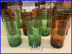 Lot Set Of 12 Vintage Blenko Handblown Glass Pinched Dimple Tumblers Green Amber