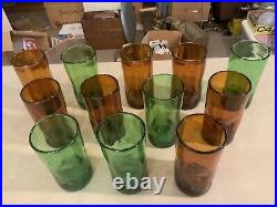 Lot Set Of 12 Vintage Blenko Handblown Glass Pinched Dimple Tumblers Green Amber