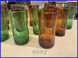 Lot Set Of 12 Vintage Blenko Handblown Glass Pinched Dimple Tumblers Green Amber