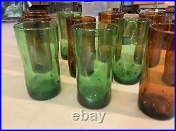 Lot Set Of 12 Vintage Blenko Handblown Glass Pinched Dimple Tumblers Green Amber