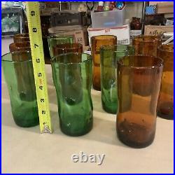 Lot Set Of 12 Vintage Blenko Handblown Glass Pinched Dimple Tumblers Green Amber