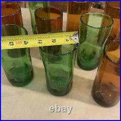 Lot Set Of 12 Vintage Blenko Handblown Glass Pinched Dimple Tumblers Green Amber