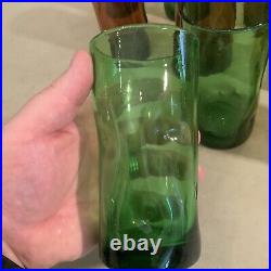 Lot Set Of 12 Vintage Blenko Handblown Glass Pinched Dimple Tumblers Green Amber