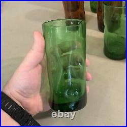 Lot Set Of 12 Vintage Blenko Handblown Glass Pinched Dimple Tumblers Green Amber