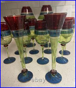 Lot of 12 Pier 1 Bohemian Hand Painted 8 Goblets, 2 Fluted Champagne, 2 Votive