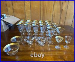 Lot of 24 Clear Gold Rim Flared Glassware Set Wine, Coupe, Sherbet, Creamer
