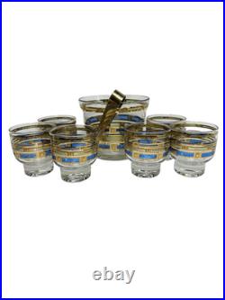 MCM Bar Set Culver Empress 22K Gold embossed 6 Rock Glasses, Ice Bucket & Tongs