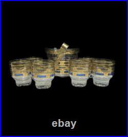MCM Bar Set Culver Empress 22K Gold embossed 6 Rock Glasses, Ice Bucket & Tongs