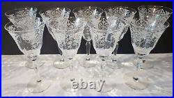 MORGANTOWN Milan SET of 9 Lacy Needle Etched Water Glasses Goblets 7 5/8