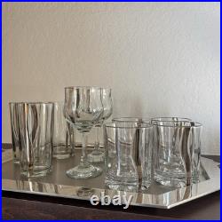Mid Century Crystal Platinum Ribbon Old Fashioned / Cordial / Highball Glass Set