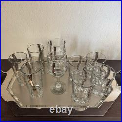 Mid Century Crystal Platinum Ribbon Old Fashioned / Cordial / Highball Glass Set