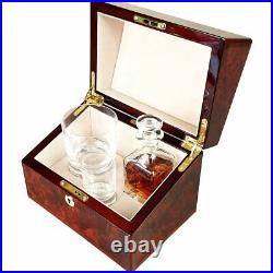 Mini Decanter, Crystal Whisky Tumbler and Shot Glass Set in a Makah Burl Box