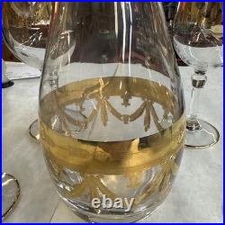 Mint Set of 6 Cristallerie Italian Gold Encrusted Crystal Goblets With decanter