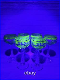 Moser Uranium Glass Goblets Set of 6 Cut Crystal Bohemian c1920s Antique