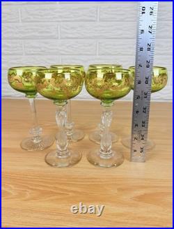 Moser Uranium Glass Goblets Set of 6 Cut Crystal Bohemian c1920s Antique