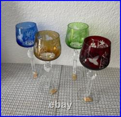NEW Set of 4 Hand Cut 24% Lead Crystal Multicolored 8 H Wine Glasses