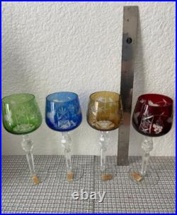 NEW Set of 4 Hand Cut 24% Lead Crystal Multicolored 8 H Wine Glasses