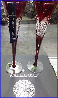 NEW Waterford Crystal TIMES SQUARE Set of 2 Ruby Red Toasting Flutes NIB 163688
