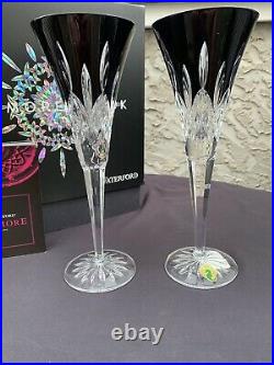New In Box Waterford Crystal Lismore Black Toasting Champagne Flutes Set Of 2