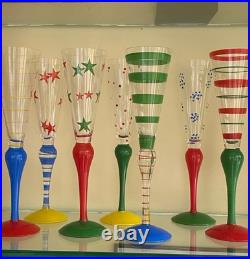 ORREFORS ANNE NILSSON CLOWN CHAMPAGNE FLUTE 10.5 GREEN STRIPE SET of 7 ORREFORS ANNE NILSSON CLOWN CHAMPAGNE FLUTE 10.5 GREEN STRIPE SET of 7