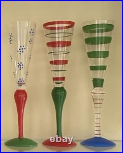 ORREFORS ANNE NILSSON CLOWN CHAMPAGNE FLUTE 10.5 GREEN STRIPE SET of 7 ORREFORS ANNE NILSSON CLOWN CHAMPAGNE FLUTE 10.5 GREEN STRIPE SET of 7