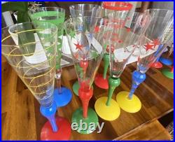 ORREFORS ANNE NILSSON CLOWN CHAMPAGNE FLUTE 10.5 GREEN STRIPE SET of 7 ORREFORS ANNE NILSSON CLOWN CHAMPAGNE FLUTE 10.5 GREEN STRIPE SET of 7