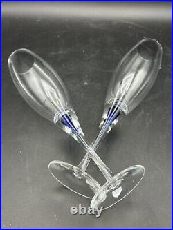 Orrefors Sweden Crystal Intermezzo Blue Flute Champagne Glasses (set of 2)