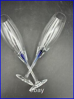 Orrefors Sweden Crystal Intermezzo Blue Flute Champagne Glasses (set of 2)