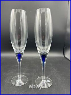 Orrefors Sweden Crystal Intermezzo Blue Flute Champagne Glasses (set of 2)