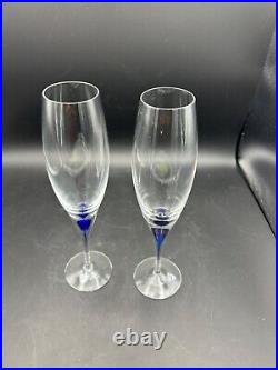 Orrefors Sweden Crystal Intermezzo Blue Flute Champagne Glasses (set of 2)