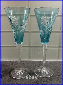 Pair Of Waterford Crystal Champagne Flutes Aqua With Snow Flakes