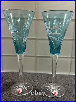 Pair Of Waterford Crystal Champagne Flutes Aqua With Snow Flakes