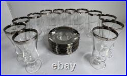Platinum Rimmed MCM Crystal Stemmed Dessert Juice Goblets & Saucers Set Of 24