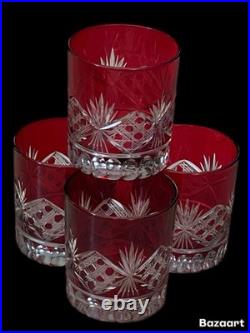 PotteryBarn Red Cut To Clear Crystal Double Old Fashioned Glasses S / 4 10.5 oz